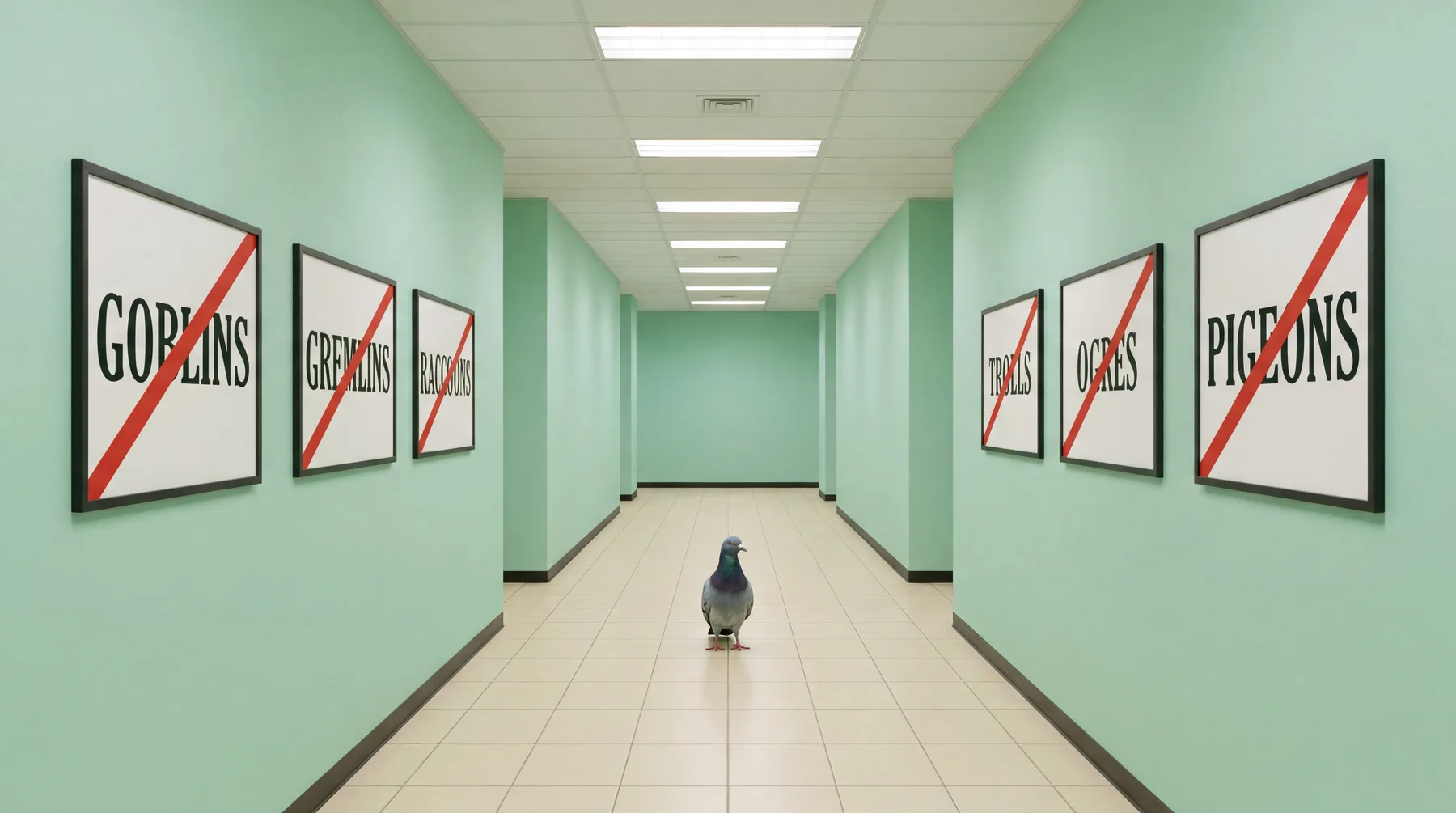 Pigeon standing in a corridor lined with crossed-out signs for goblins, gremlins, raccoons, trolls, ogres, and pigeons