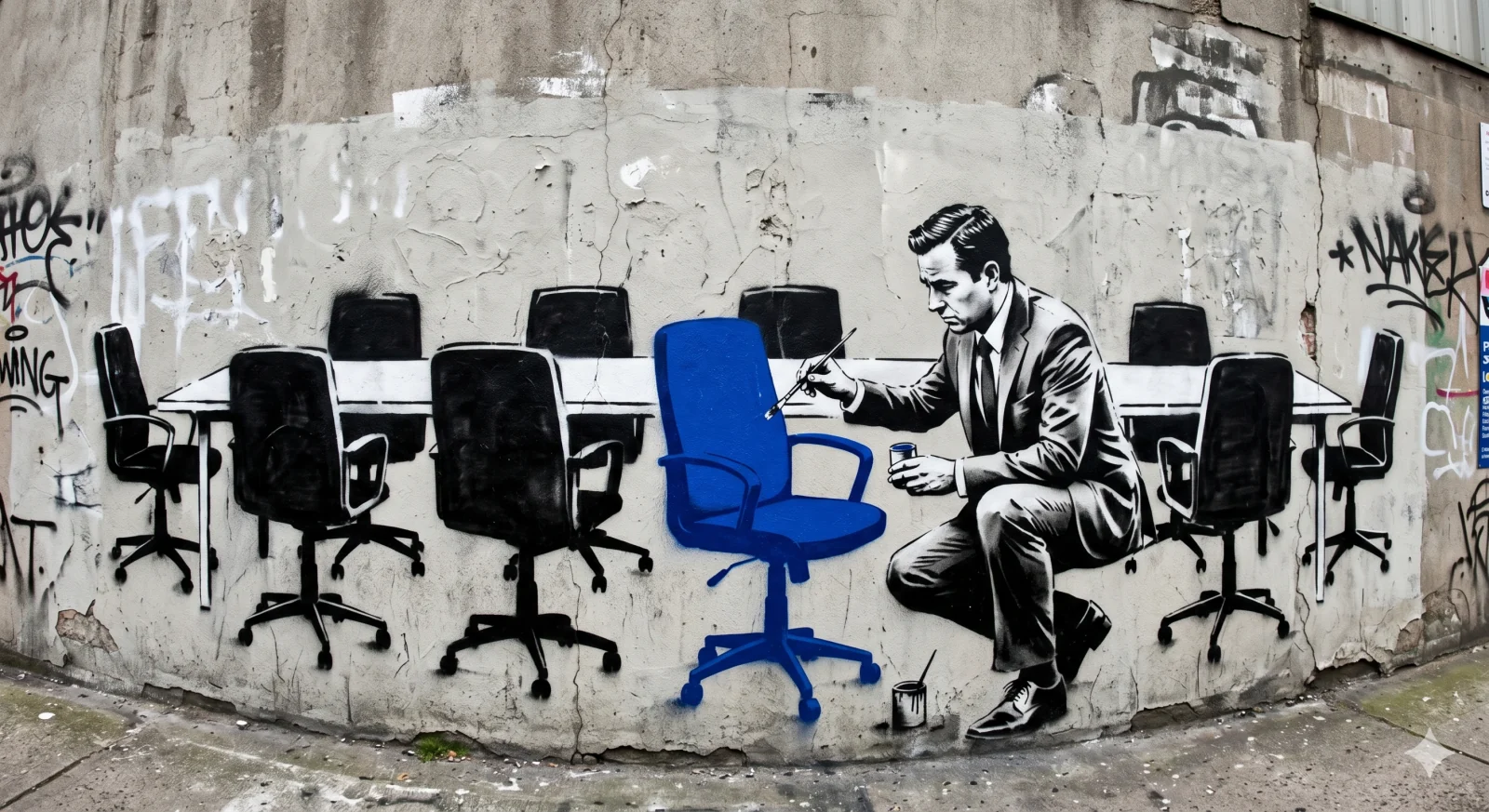 A mural of a man painting one boardroom chair blue among otherwise black chairs.