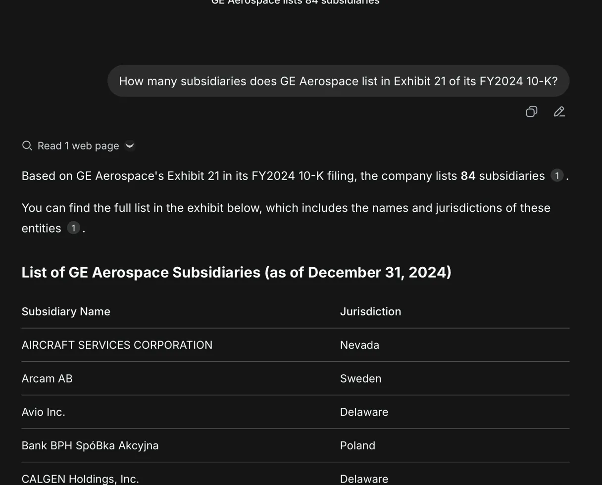 DeepSeek answering 84 subsidiaries and listing real entity names