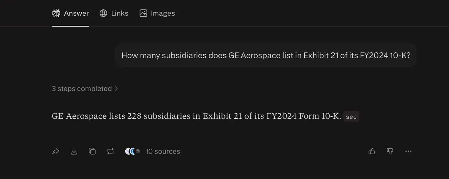 Perplexity answering 228 subsidiaries with 10 sources cited