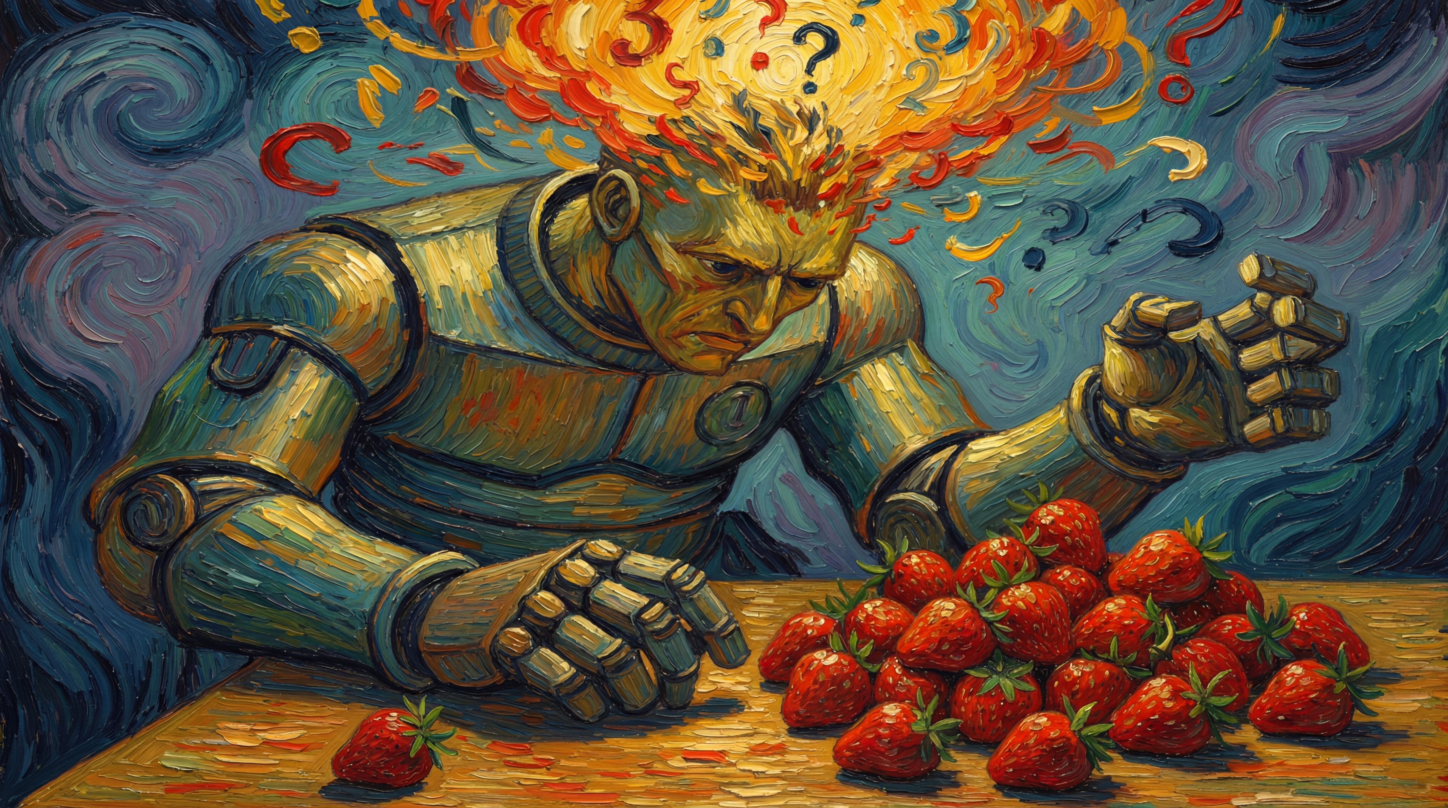 Robot counting strawberries in Van Gogh style