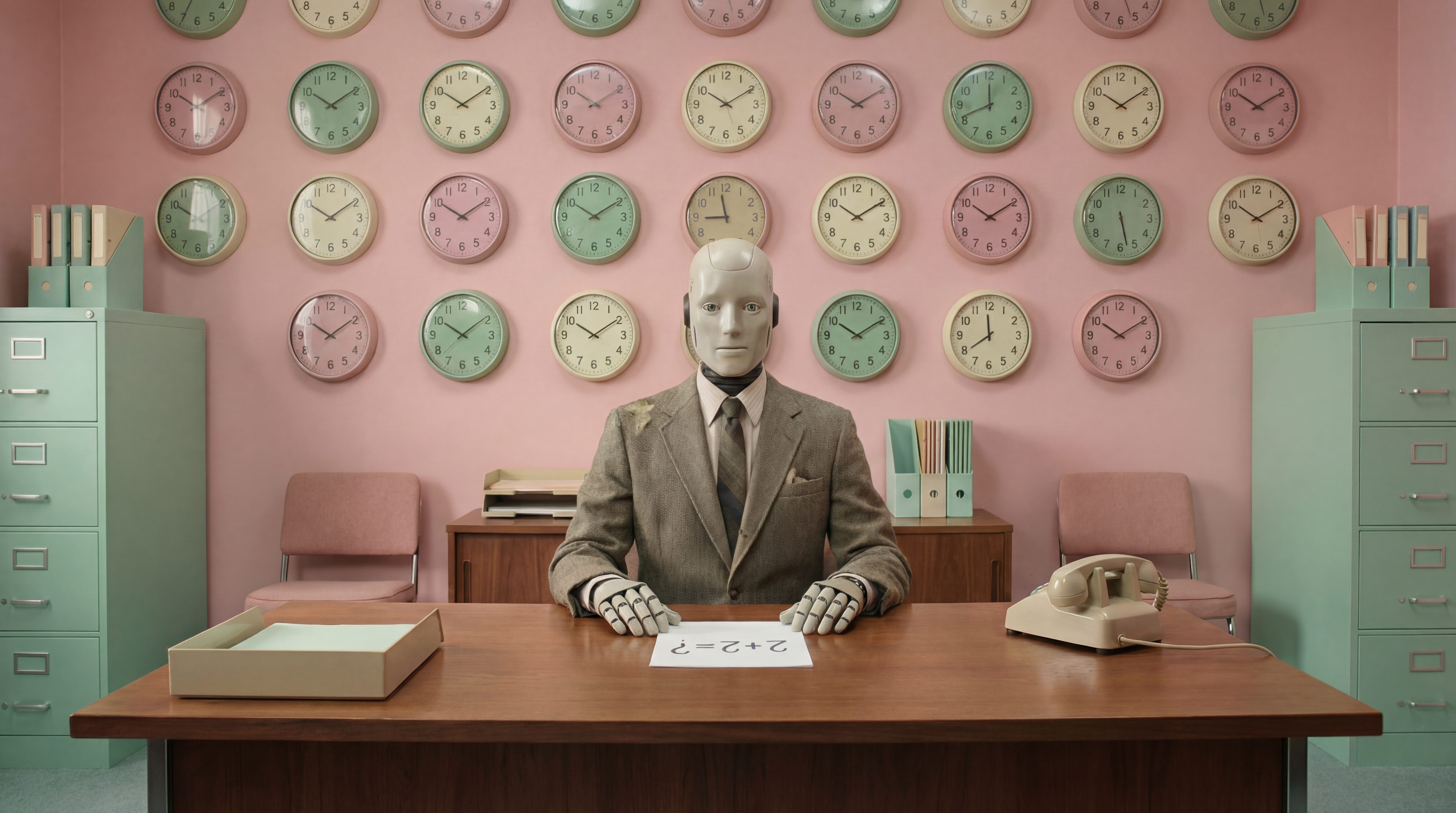 Robot at desk surrounded by clocks representing time context